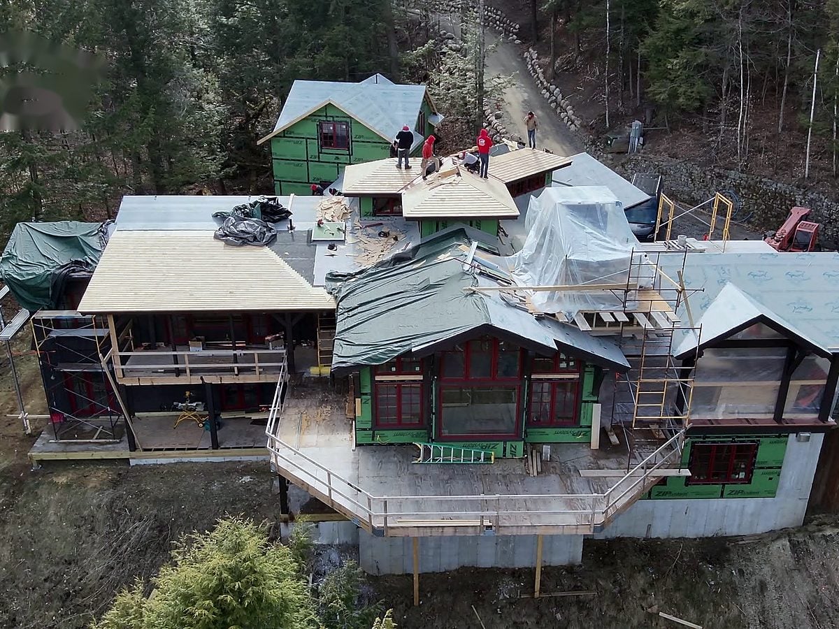 Aerial view of a re-roof in progress