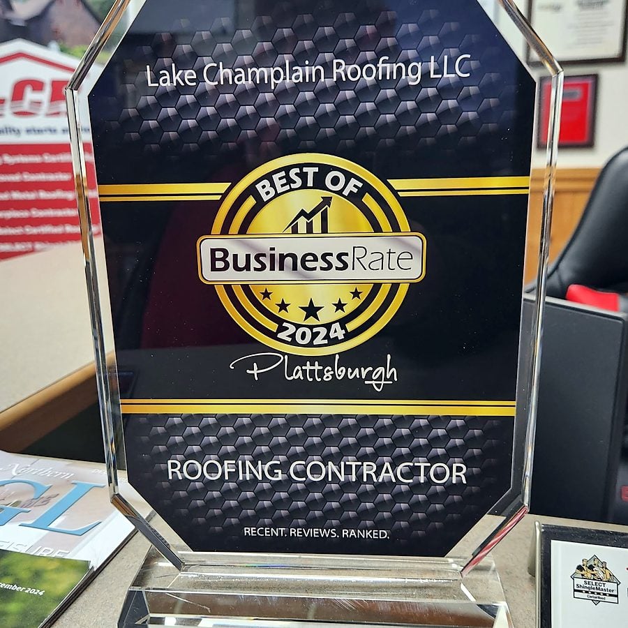 Best of BusinessRate 2024 award plaque for Lake Champlain Roofing, roofing contractor, Plattsburgh